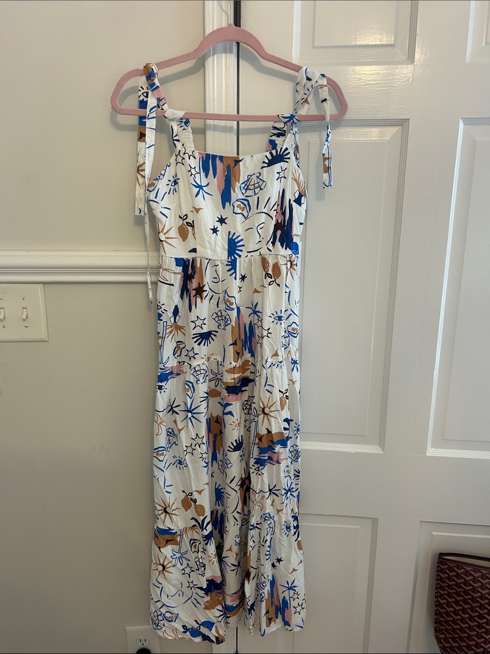 White Tie-Shoulder Maxi Dress with Blue & Brown Abstract Print